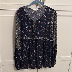 Easel Blue Floral Peasant Blouse Med.